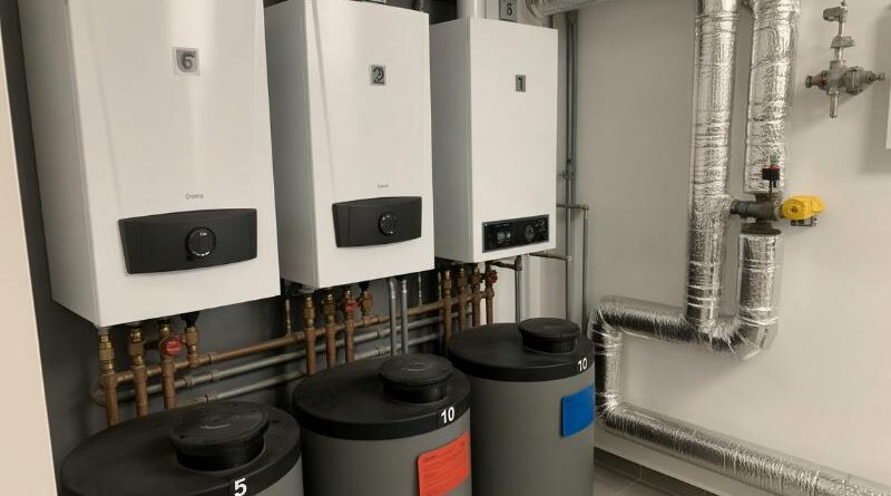 Kotłownia gazowa z trzema wiszącymi kotłami kondensacyjnymi i instalacją hydrauliczną